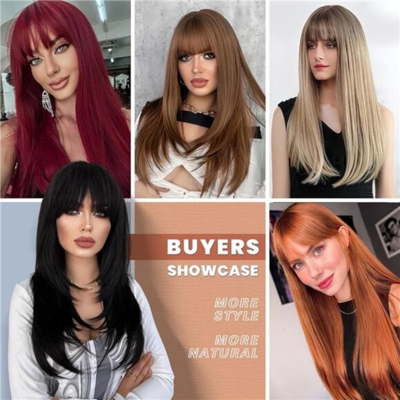 Pink Wig With Bangs For Women Long Straight Wigs Synthetic For Girls - Picture 7 of 7